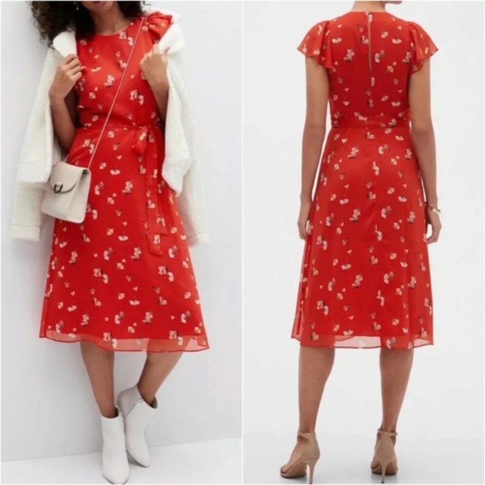 Banana Republic Red Floral Tie Waist Midi Dress